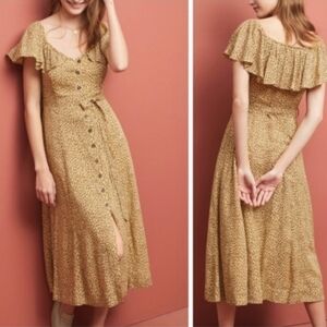 Anthropologie Western Bolano Midi Ruffle Cheetah Button Down Dress MobWife Sz 2